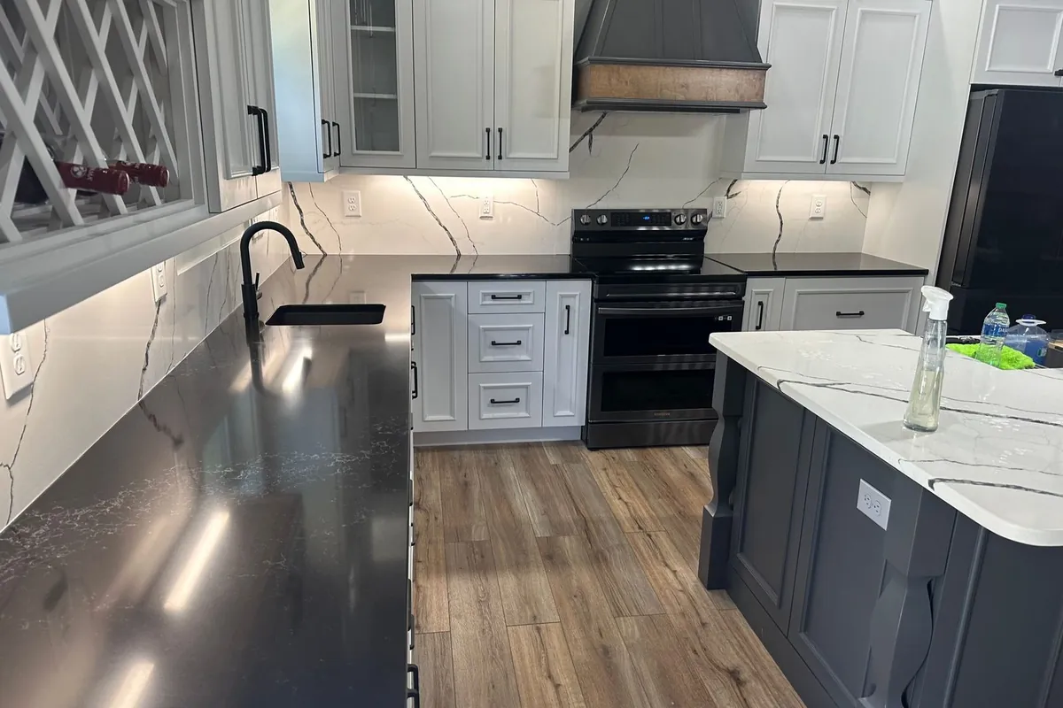 Custom granite and quartz countertops installed in a Western NC kitchen