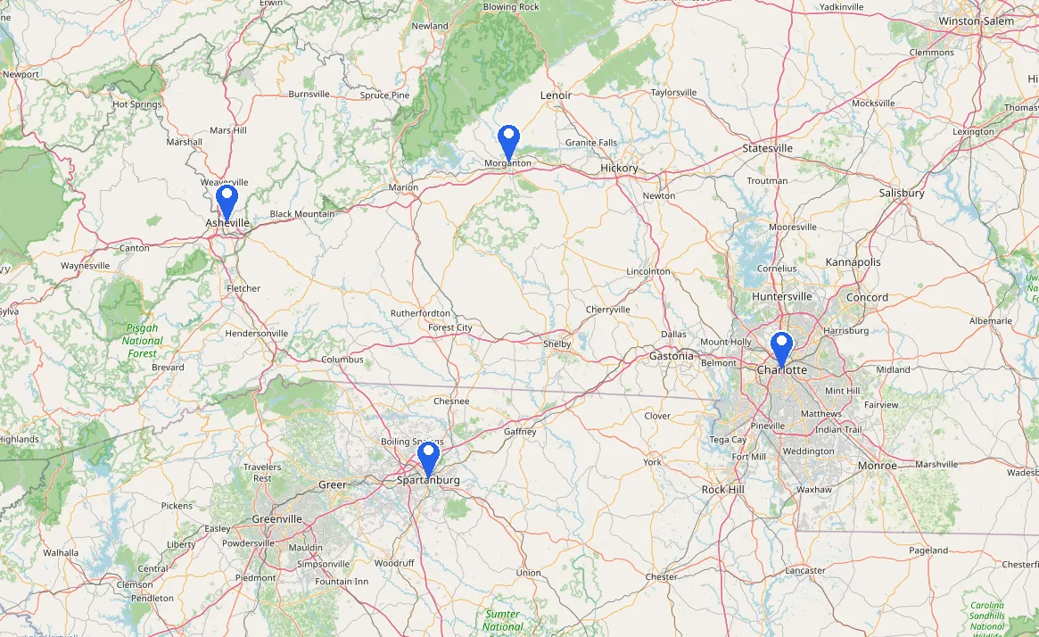 Map of the Twins Granite service area with markers on Asheville, Morganton and Charlotte, North Carolina, and Spartanburg, South Carolina